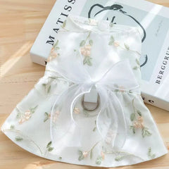Pet Clothing Dogs Dresses Puppy Breathable Lace Floral Skirt Ribbon Bow Cat Dog Double-layer Princess Dress with Traction Buckle