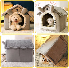 Cat Bed Dog House Gray Soft Plush Detachable Semi Enclosed Foldable Warm Cat Villa Pet Nest Four Season Universal Pet Supplies