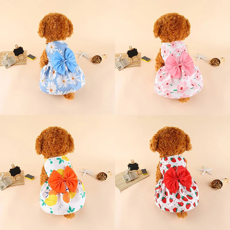 Thin Pet Dress for Dogs Cats - Cute Floral Print Princess Dress with Bow, New Style Puppy Skirt for Teddy Small Pets