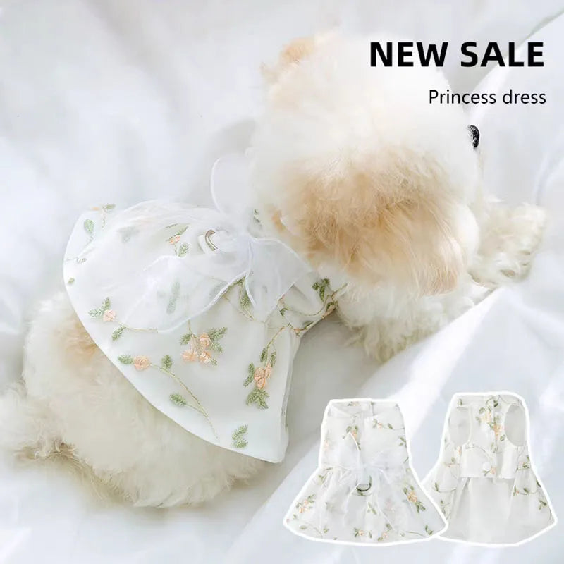 Pet Clothing Dogs Dresses Puppy Breathable Lace Floral Skirt Ribbon Bow Cat Dog Double-layer Princess Dress with Traction Buckle