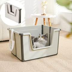 Large Capacity Foldable Cat Litter Box High Sides Splashproof Semi-Closed Litter Box with Scoop Removable Scoop Low Entry