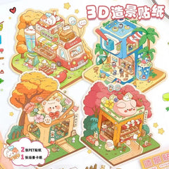 Cute Cartoon Animal Little House 3D Landscape Sticker Children's Fun PET Decompression DIY Games Kawaii Miniature World Decals