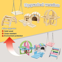 Pet Hamsters House DIY Wooden Gerbil Hideout Bridge Swing and Chinchilla Seesaw Pet Sport Exercise Toys Set  Cage Accessories