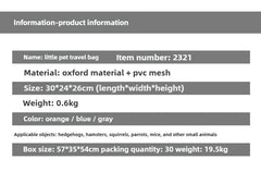 Pet Portable Travel Bag Outdoor Breathable Small Animal Carriers Equipment Zipper Double Open Oxford Small Pet Outing Supplies