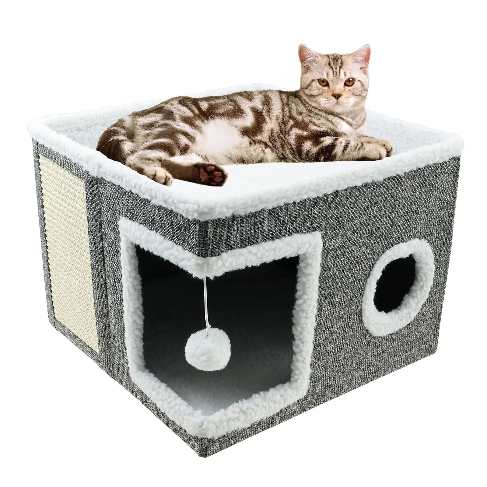 Cat House for Indoor Large Foldable Cat Bed Cave with Ball and Scratch Pad Cozy Kitty Hideaway for Kitten Small Pet Cat Houses