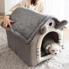 Cat Bed Dog House Gray Soft Plush Detachable Semi Enclosed Foldable Warm Cat Villa Pet Nest Four Season Universal Pet Supplies
