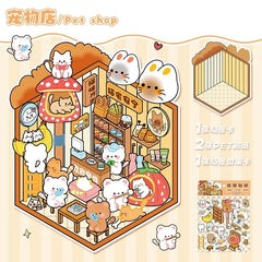 Cute Cartoon Animal Little House 3D Landscape Sticker Children's Fun PET Decompression DIY Games Kawaii Miniature World Decals