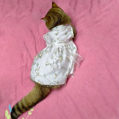Pet Clothing Dogs Dresses Puppy Breathable Lace Floral Skirt Ribbon Bow Cat Dog Double-layer Princess Dress with Traction Buckle