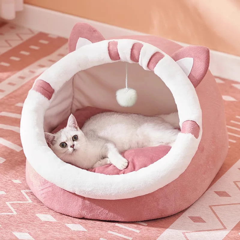 Comfortable pet house in adorable pink British shorthair cat design – soft, warm, and removable