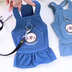 Pet Denim Dress for Dog Small Dog Clothes Cowboy Dress Sundress with Leash Ring Spring Summer Soft Sweet Skirt Pet Costume