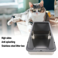 Stainless Steel Enclosed Litter Box Spacious Easy Access Removable Sturdy High Sides Stainless Steel Litter Box for Large Cats